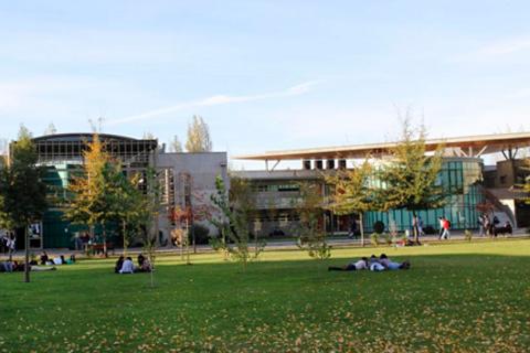 Una universidad chilena con estudiantes disfrutando en el pasto.