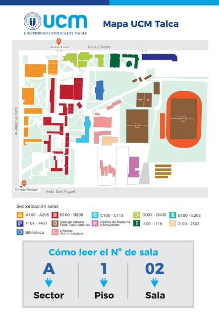 Mapa de la Universidad Católica del Maule en Talca, que muestra la disposición de edificios y salas.