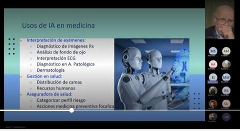 La imagen presenta una diapositiva sobre el uso de la inteligencia artificial en medicina, incluyendo la interpretación de exámenes y la gestión en salud.