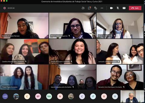 Ceremonia virtual de investidura de estudiantes de Trabajo Social en Tacna y Cunicó 2021 con varios participantes en la reunión.