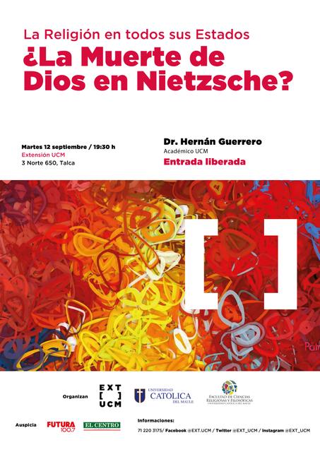 Cartel publicitario de un evento sobre la religión y la filosofía de Nietzsche en Talca.