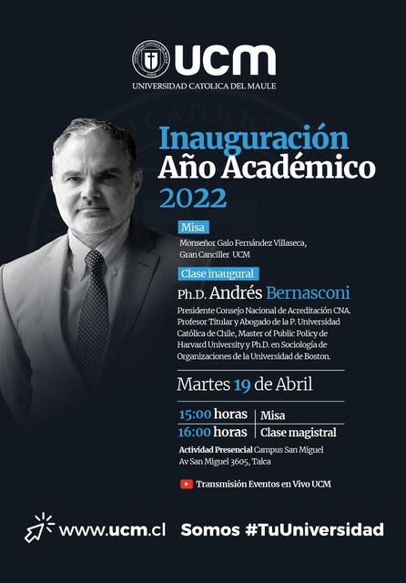 Anuncio sobre la inauguración del año académico 2022 en la Universidad Católica del Maule.