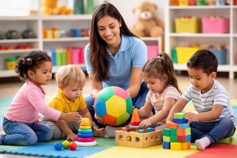 Niños jugando felices con juguetes en una sala de clases.