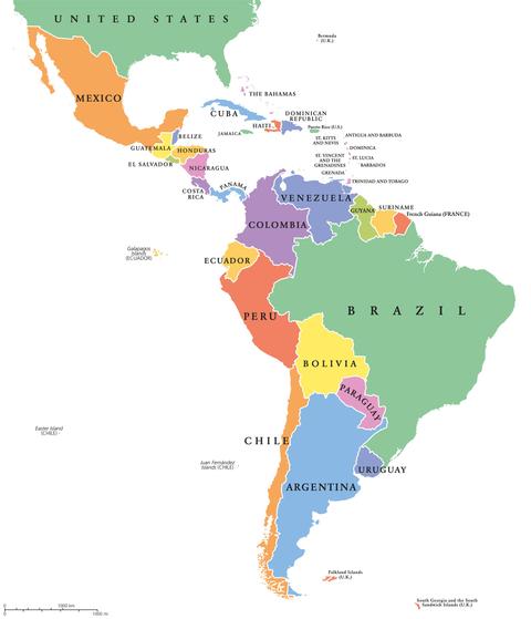 Mapa de América del Sur y Central con los países y sus respectivos colores.