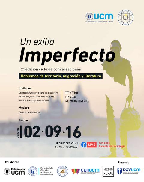 La imagen promueve un ciclo de conversaciones sobre territorio, migración y literatura titulado 'Un exilio Imperfecto'.