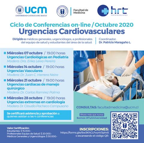 Cartel informativo sobre un ciclo de conferencias en línea sobre urgencias cardiovasculares.