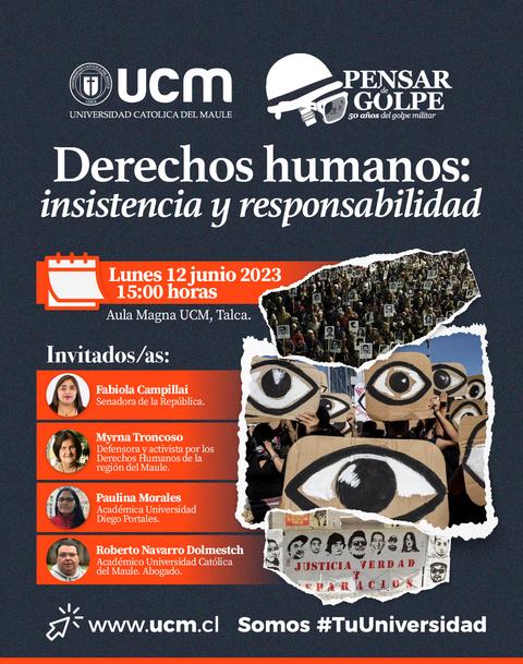 Cartel que anuncia un evento sobre derechos humanos en la Universidad Católica del Maule.