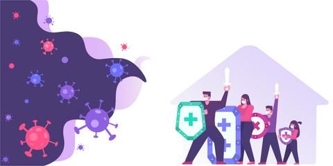 La imagen muestra a una familia armada con escudos y espadas, simbolizando la lucha contra los virus representados a su alrededor.