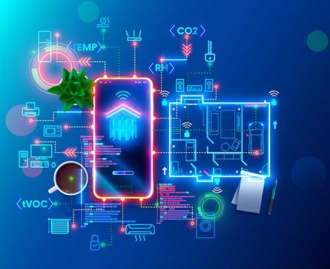 La imagen muestra un dispositivo móvil interactuando con un diseño de hogar inteligente, rodeado de iconos tecnológicos.