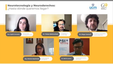 Panel de discusión sobre neurotecnología y neuroderechos con varios expertos en el tema.