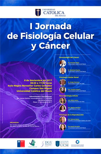 Imagen de un afiche que anuncia la I Jornada de Fisiología Celular y Cáncer, organizada por la Universidad Católica del Maule.