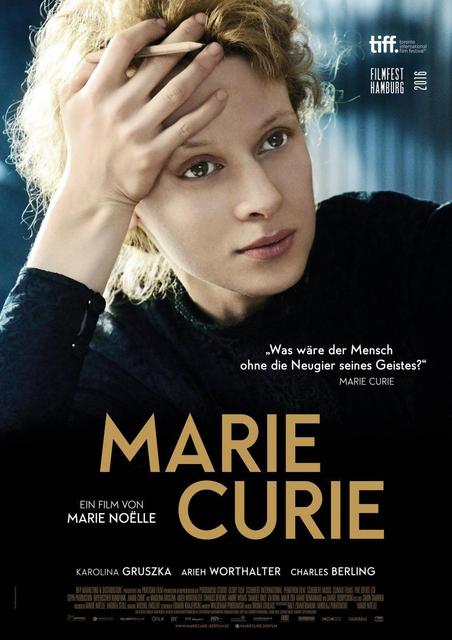 Póster de la película 'Marie Curie' que muestra a una mujer con cabello rizado y una pose pensativa.