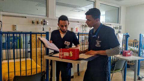 Dos profesionales de la salud revisan documentos en un entorno clínico con cunas de pacientes a su alrededor.