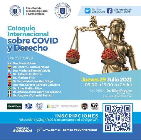 Imagen promocional de un coloquio internacional sobre COVID y Derecho, con detalles sobre expositores y fecha.