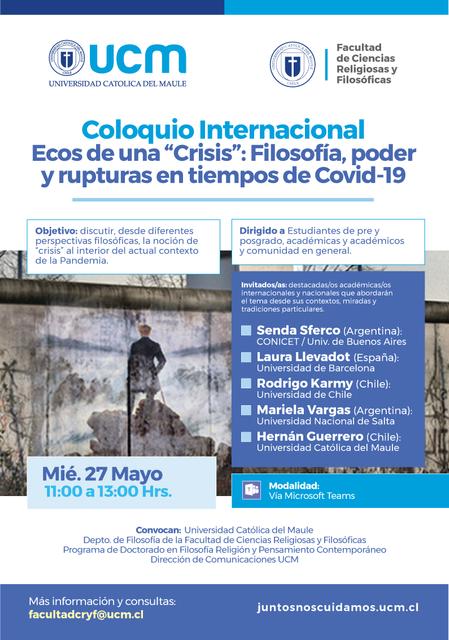 El cartel anuncia un coloquio internacional sobre filosofía, poder y crisis en el contexto del COVID-19.