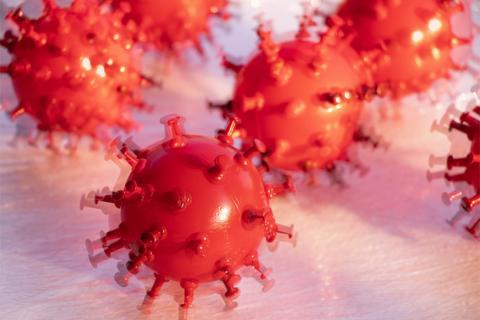 La imagen muestra representaciones gráficas de virus en color rojo.