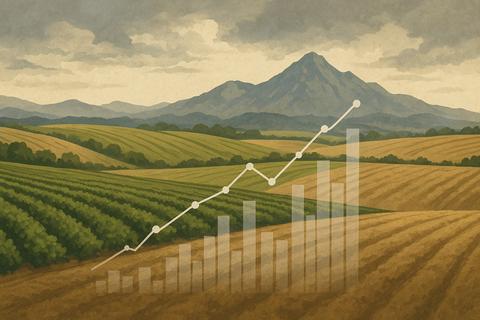 Un paisaje chileno con montañas y cultivos, simbolizando el crecimiento agrícola.