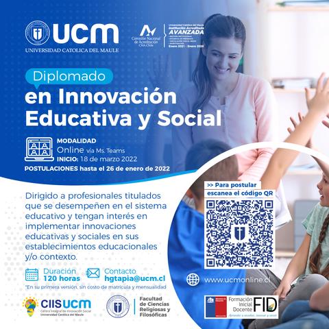 Anuncio de un diplomado en innovación educativa y social ofrecido por la Universidad Católica del Maule con modalidad online.