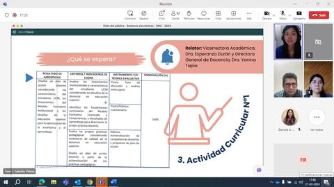 La imagen muestra una presentación en línea con un expositor y varios participantes visibles en la videoconferencia.