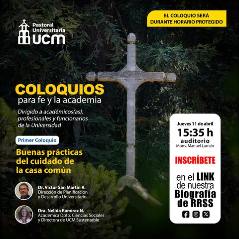 Un cartel informativo sobre un coloquio académico organizado por la Pastoral Universitaria de la UCM.