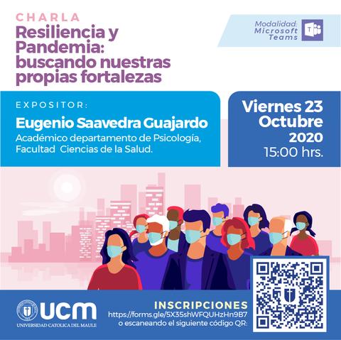 Un cartel informativo sobre una charla virtual titulada 'Resiliencia y Pandemia'.