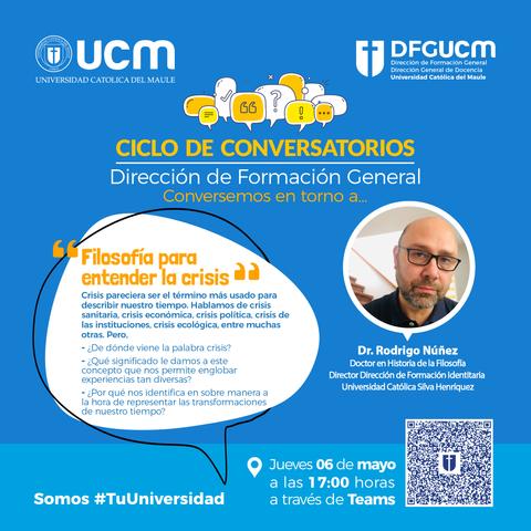 Anuncio de un ciclo de conversatorios sobre filosofía y crisis en la Universidad Católica del Maule.
