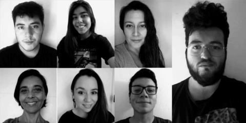 Un collage en blanco y negro de siete personas sonriendo en retratos individuales.