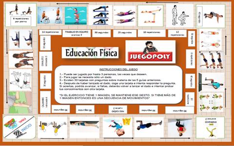 Tablero de un juego educativo sobre educación física con diferentes ejercicios y actividades.