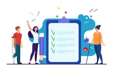 Un grupo de personas celebrando con una lista de verificación en un fondo colorido.