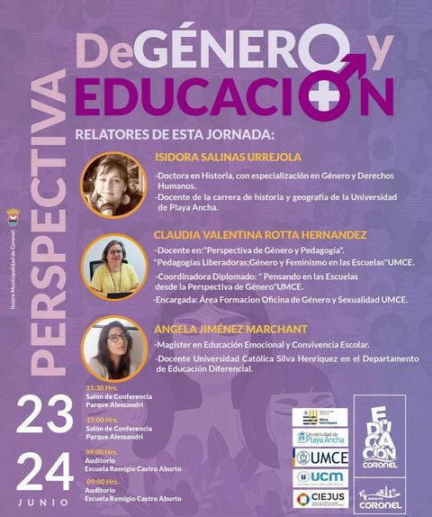 Un cartel que anuncia una jornada sobre género y educación con nombres de relatoras y sus credenciales.