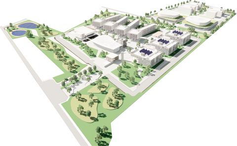 Vista aérea de un complejo arquitectónico moderno con áreas verdes y edificios distribuidos de manera organizada.