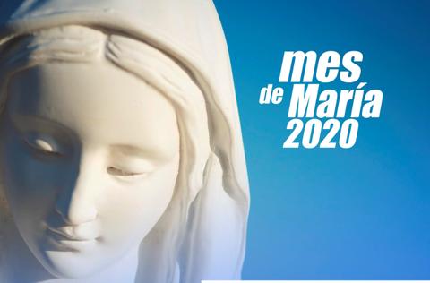 La imagen muestra una escultura de la Virgen María con un fondo azul claro.