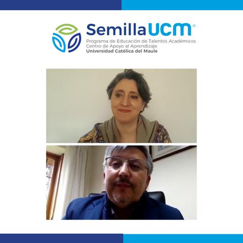 Dos personas participan en una videoconferencia, con un fondo institucional de la Universidad Católica del Maule.