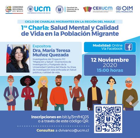 Cartel informativo sobre una charla online sobre salud mental y calidad de vida en la población migrante.
