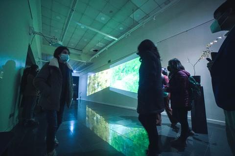 Un grupo de personas observa una instalación artística en un espacio iluminado con proyecciones de luz.