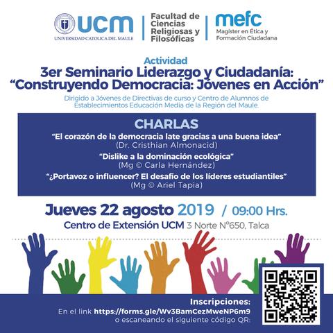 Cartel del 3er Seminario sobre liderazgo y ciudadanía en Talca, promoviendo la participación juvenil.