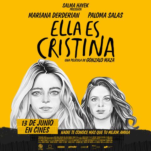 La imagen promociona la película 'Ella es Cristina' con retratos de dos mujeres en un diseño gráfico llamativo.