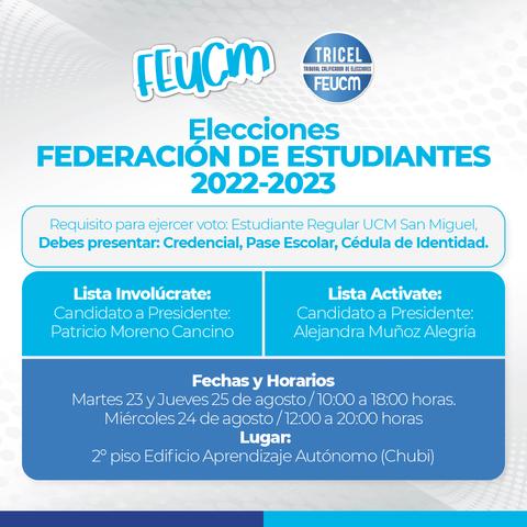 Anuncio de elecciones para la Federación de Estudiantes 2022-2023 en UCM San Miguel.