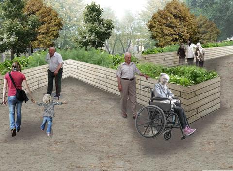 Un parque accesible donde personas mayores y niños interactúan entre plantas y bancos de madera.