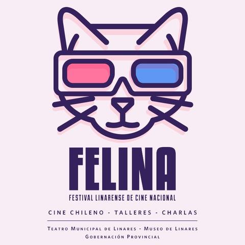 La imagen muestra un cartel del Festival Linarense de Cine Nacional con un diseño de un gato usando gafas tridimensionales.