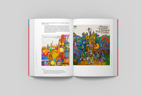 Una imagen de un libro abierto que muestra ilustraciones coloridas y texto relacionado con la música.