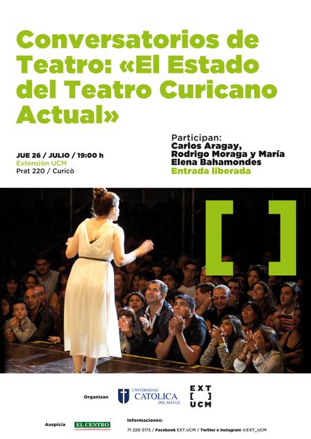 Un evento de conversaciones sobre el estado del teatro curicano actual con varios participantes en el escenario.