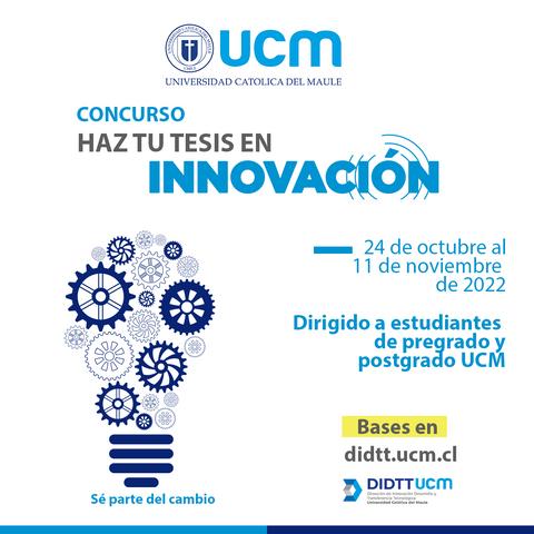 Un cartel que anuncia un concurso de tesis sobre innovación organizado por la Universidad Católica del Maule.