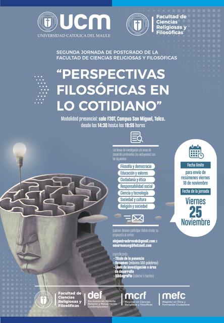 Un cartel que anuncia la segunda jornada de postgrado de la Facultad de Ciencias Religiosas y Filosóficas de la Universidad Católica del Maule, centrado en perspectivas filosóficas.