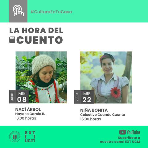 El anuncio de un evento llamado 'La Hora del Cuento' que presenta dos historias narradas por diferentes narradoras en fechas específicas.