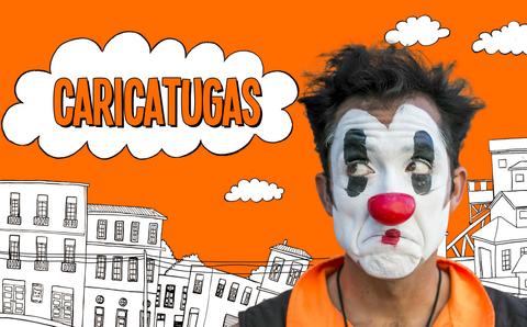 Un payaso con maquillaje blanco y negro en un fondo naranja con la palabra 'Caricatugas'.
