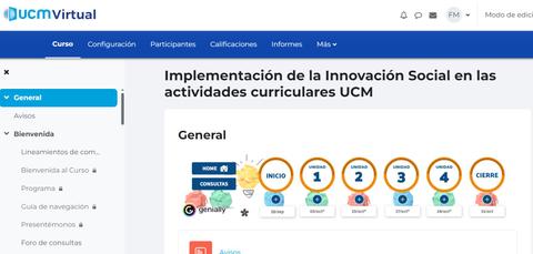 Imagen que muestra el curso sobre Innovación Social en las actividades curriculares de UCM, con acceso a diferentes secciones.