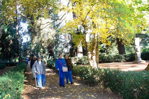Un grupo de personas paseando por un jardín con árboles y hojas amarillas en otoño.