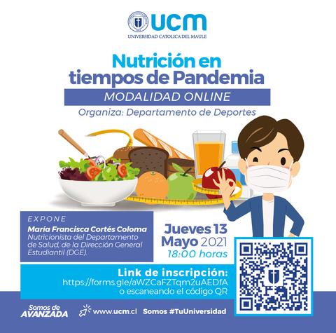 Una imagen que anuncia una charla online sobre nutrición durante la pandemia, organizada por la Universidad Católica del Maule.