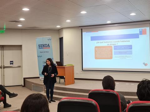 Una mujer presenta información sobre drogas en una sala de conferencias.